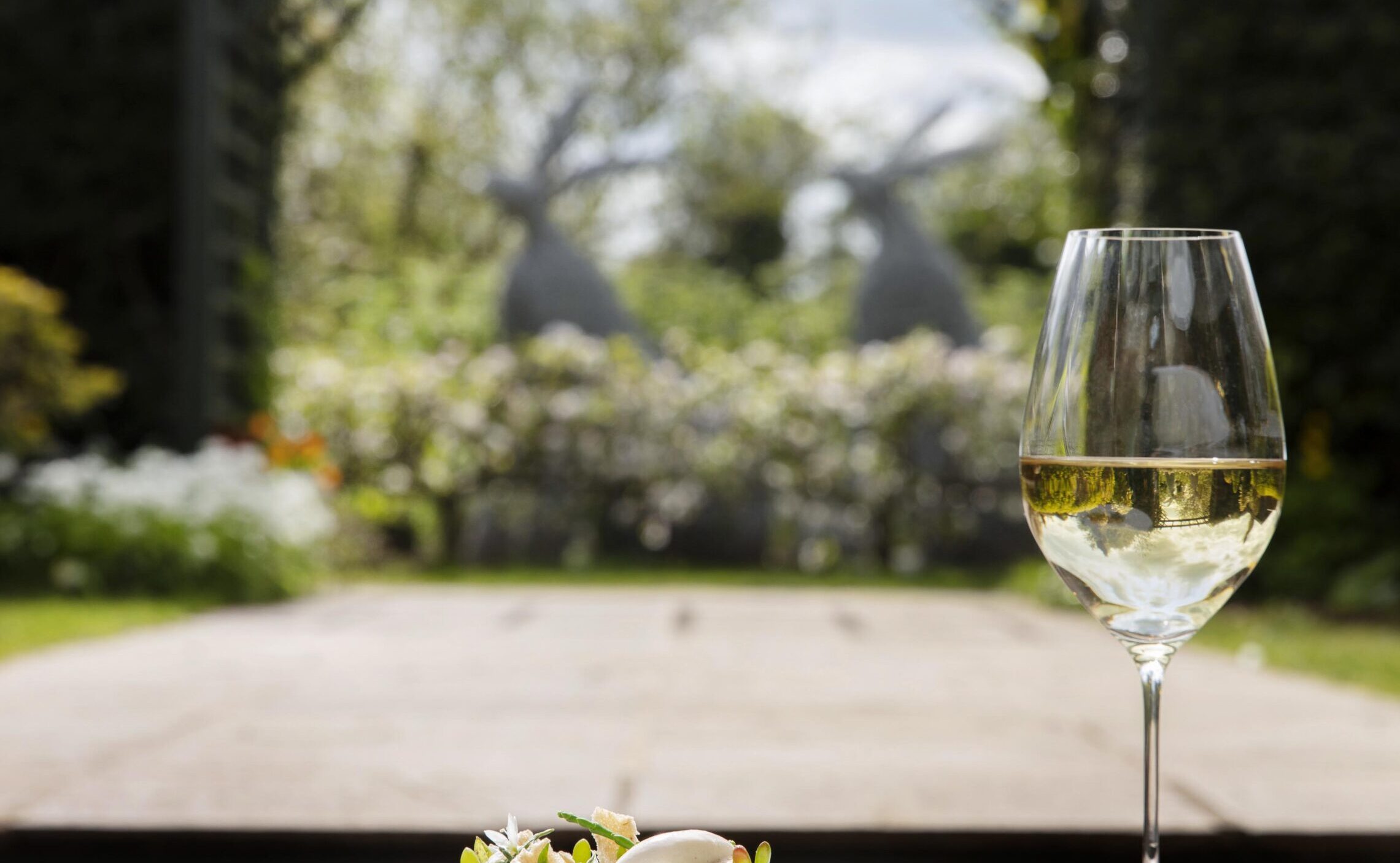 Crab stick and glass of white wine in the sunshine